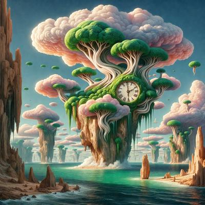 The primary subject of the image is a large, intricately designed clock tower, which is situated in a whimsical, fantastical landscape. The setting includes a body of water, a mountain, and a variety of floating islands and clouds. The visual style of the image is a combination of digital art and illustration, creating a vibrant and imaginative scene. The dominant colors in the image are pink, green, and blue, giving the scene a lively and cheerful atmosphere.